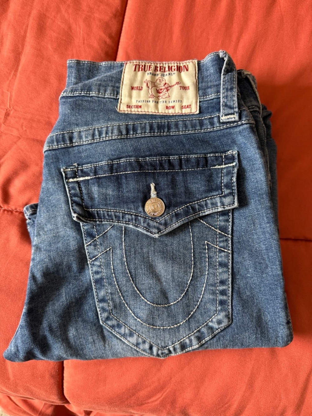 True Religion men's Blue Straight Leg Jeans with Signature Flap Pocket